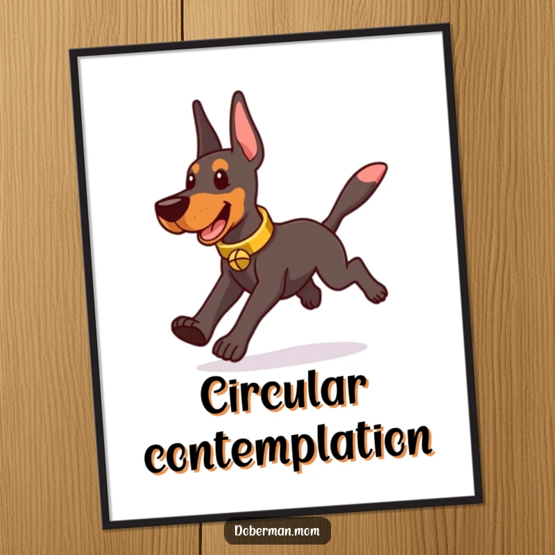Funny Doberman wearing a tinkling bell collar, playfully chasing its tail, as a downloadable digital art print.