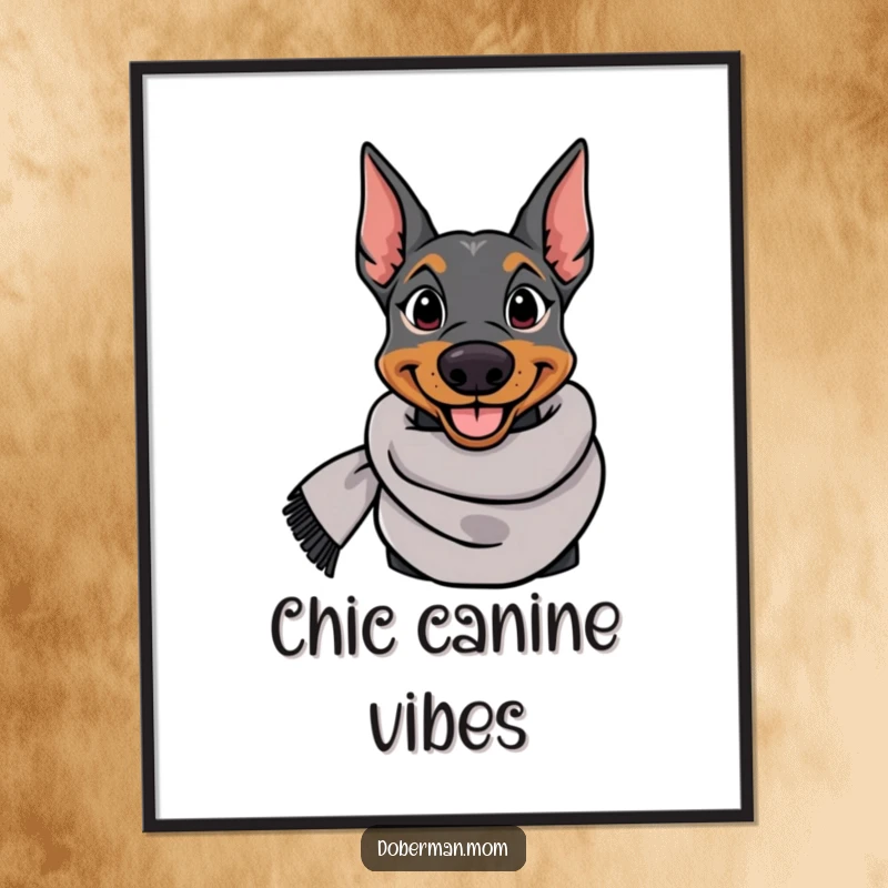 Funny Doberman digital art print of an elegant dog wearing a stylish scarf, offering sophisticated humor for decor.