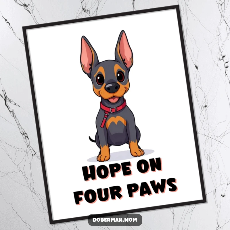 Funny Doberman Explorer Digital Print: A hopeful Doberman dog holds a leash, looking onward with anticipation.