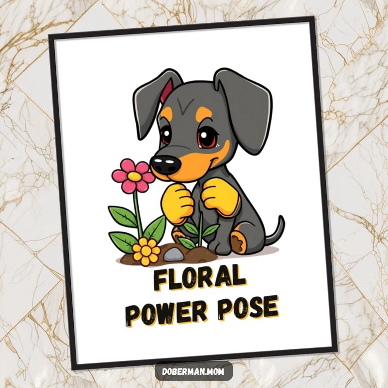 Funny digital art print of a Doberman in gardening gloves planting a flower, bringing instant garden charm.