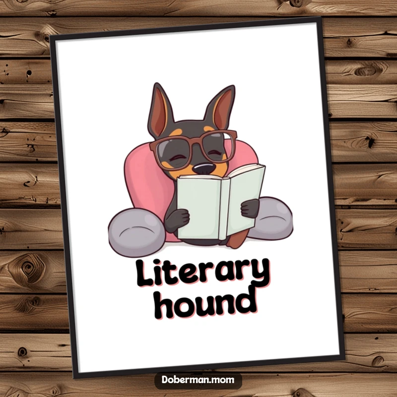 Funny Doberman dog wearing reading glasses relaxing, a humorous digital art print for book lovers.