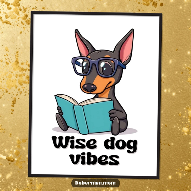 Funny Doberman Digital Art Print of a Doberman dog wearing reading glasses, looking wise and engrossed in a book.