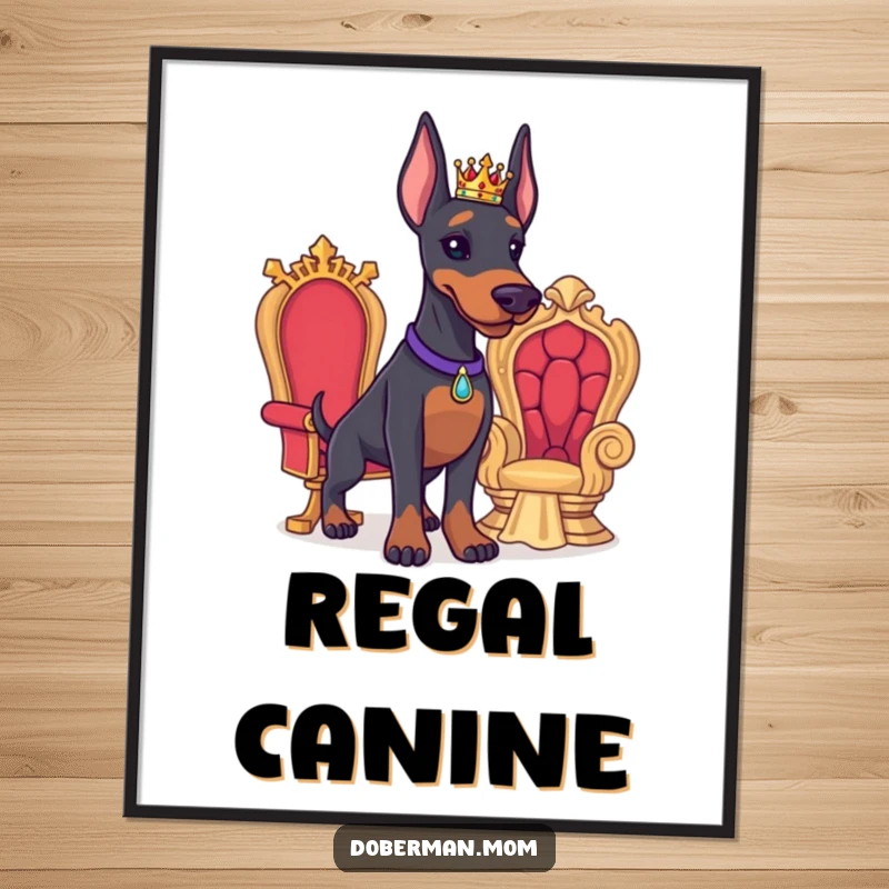 Funny Doberman digital art print of a proud Doberman with a tiny crown and miniature throne, exuding majestic canine authority.