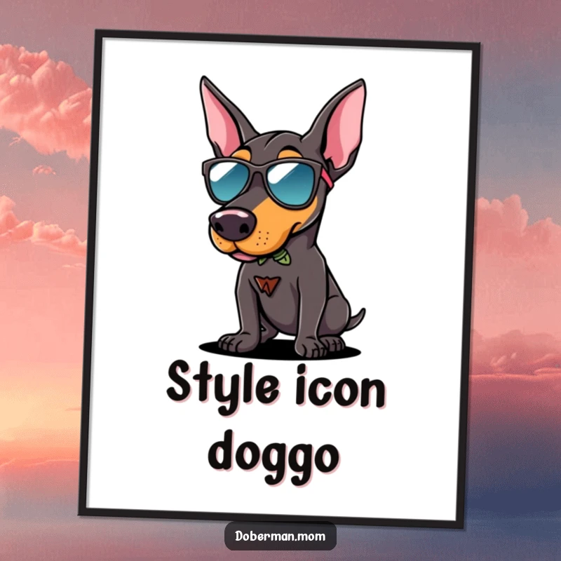 Funny Doberman sunglasses digital art print of a dog in cool shades striking a confident pose, perfect for instant stylish decor.