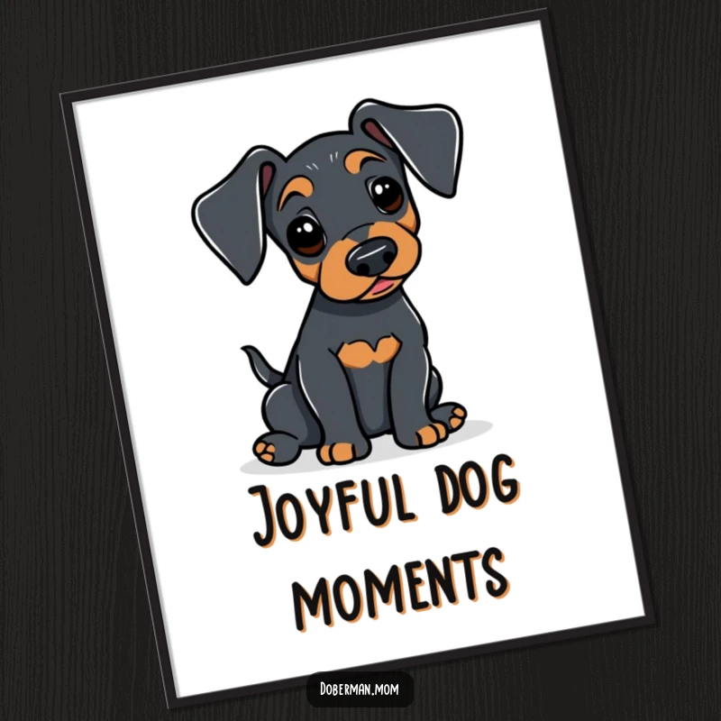 Funny Doberman digital art print of an alert dog gently wagging its tail, adding subtle joy and friendly charm to wall decor.