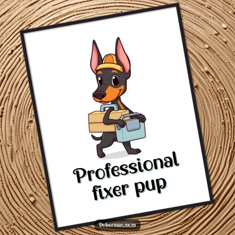 Funny Doberman toolbox digital art print of a dog carrying a small toolbox, ready for a task, perfect for workshop decor.