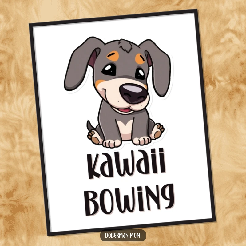 Funny Digital Art Print: Kawaii Doberman character with large, expressive eyes, playfully bowing its head, full of charm.