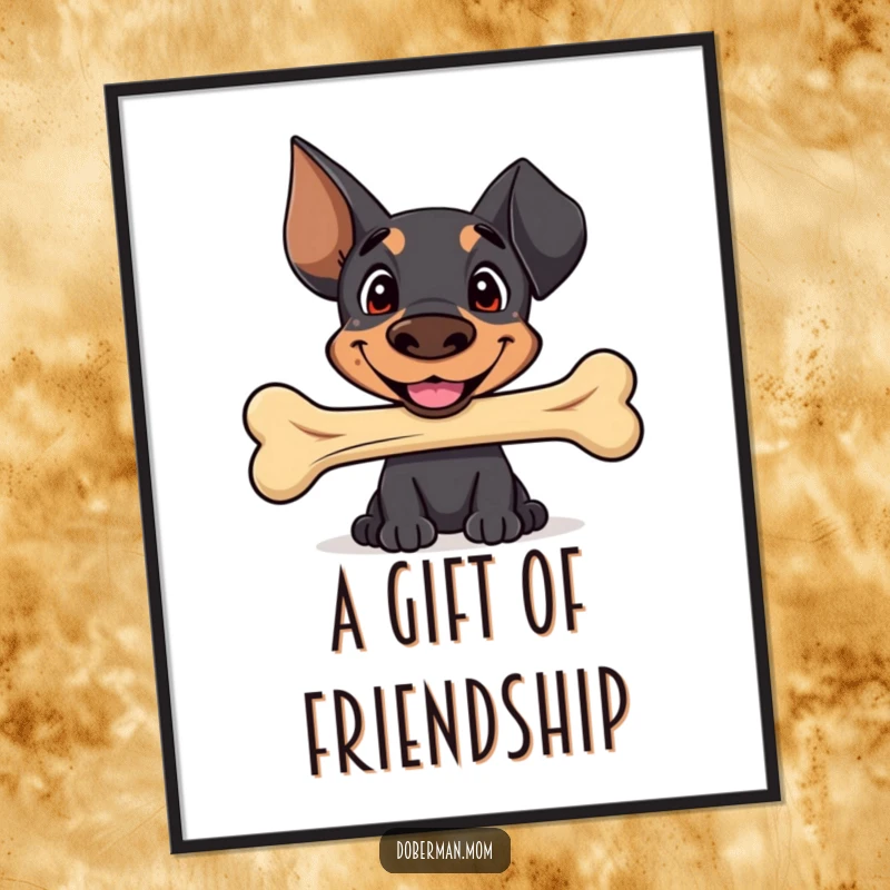 Funny Sweet Doberman digital art print with a happy smile, offering a well-worn bone, ideal for instant printable decor with adorable humor.