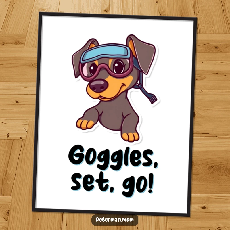 Funny Sports Doberman Digital Print: A Doberman wearing tiny sports goggles, poised for athletic fun and playful decor.