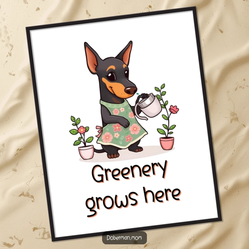 Funny Doberman Gardener Digital Art Print of a Doberman dog wearing a floral apron, tending to a small plant.