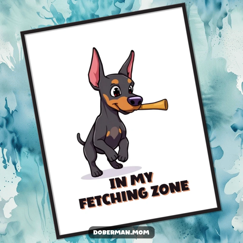 Funny Doberman with a determined gaze, retrieving a thrown stick, available as a downloadable digital art print.
