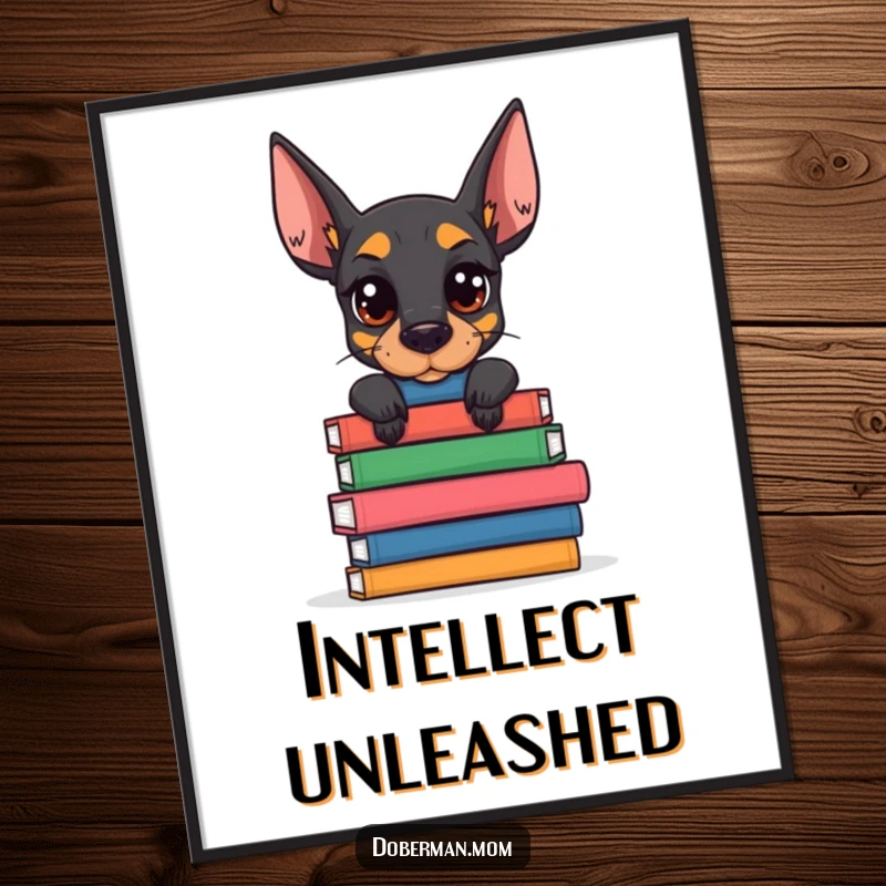 Funny Doberman Book Stack Digital Art: a dog balances books with focus; adds humorous, intellectual flair to digital displays.