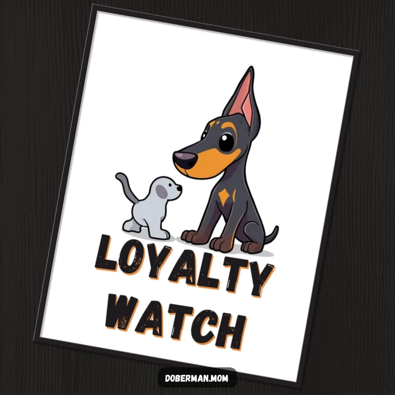 Funny Doberman digital art print showing a dog in a protective stance, guarding a toy, ready to add humor.