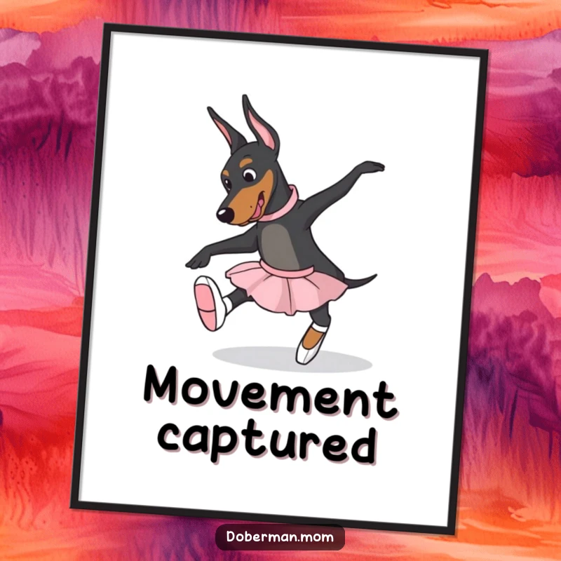 Funny Doberman dog wearing ballet slippers, attempting a graceful pose as digital art, perfect for dance-themed decor.