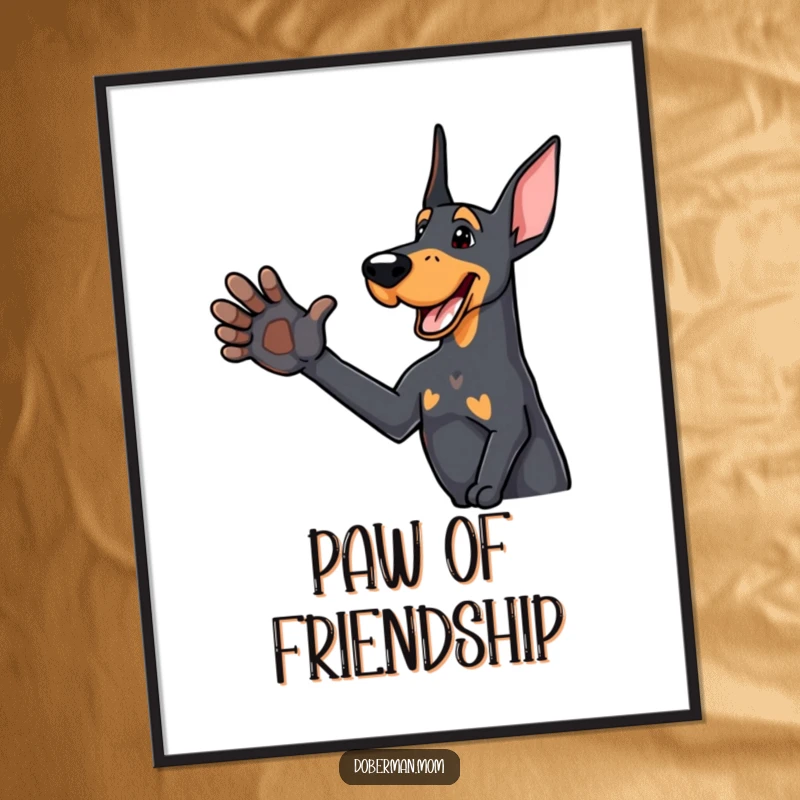 Funny Doberman digital art print of a delighted dog offering a friendly paw, perfect for welcoming and humorous decor.