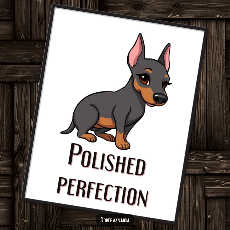 Funny Doberman digital art print of a winking dog holding a single polished boot, perfect for stylish decor.