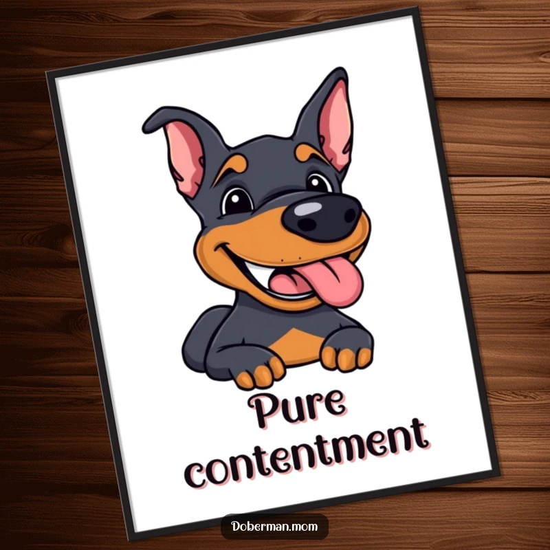 Funny Doberman digital art print of a dog with a huge happy grin and panting mouth, radiating joy.