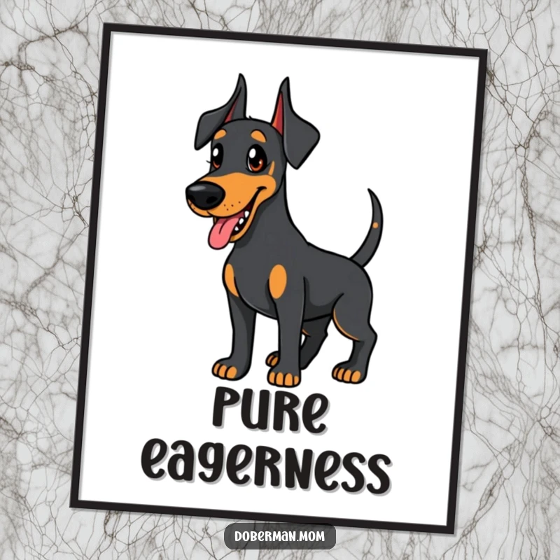 Funny Doberman digital art print, friendly dog wagging its tail eagerly, humorous and heartwarming artwork.