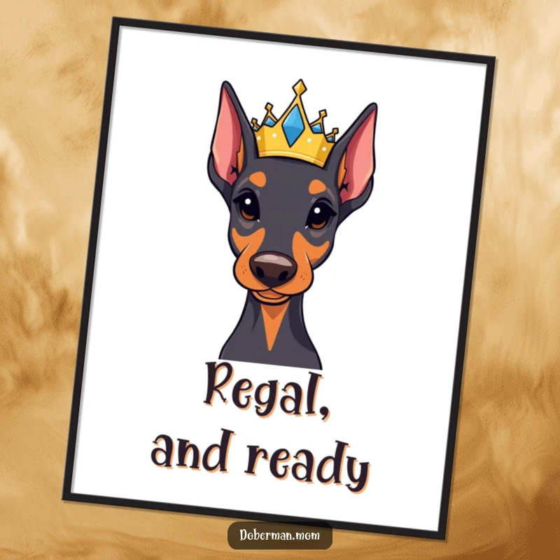 Funny Regal Doberman digital art print featuring a small, jeweled crown, ideal for instant printable wall art with majestic humor.