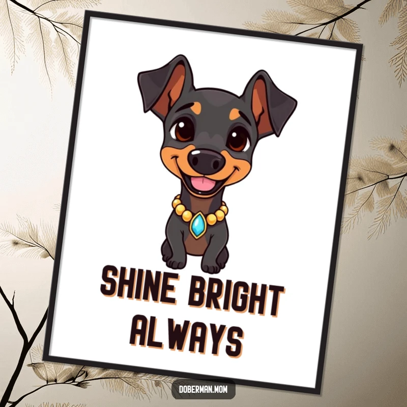 Doberman wearing a jeweled collar, smiling confidently as a digital art print, offering instant elegance and canine charm.