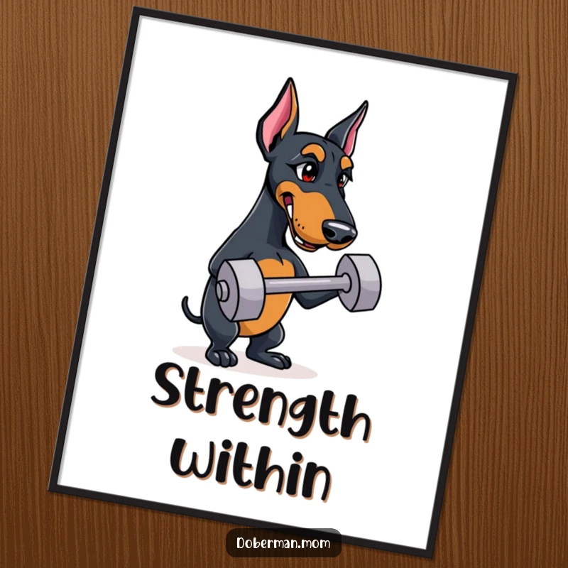Funny Doberman digital art print of a determined dog balancing a small training dumbbell, ready for display.