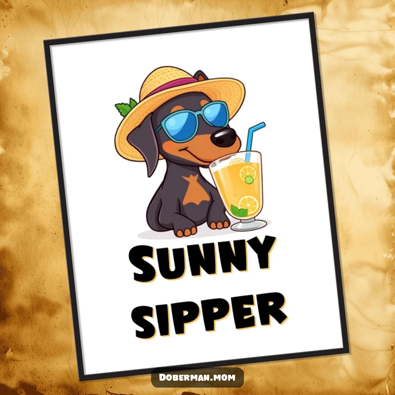 Funny Doberman dog wearing a sun hat and sipping a drink, a humorous tropical digital art print.