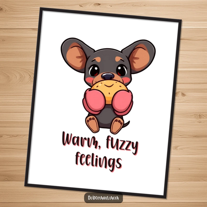 Funny Doberman dog wearing oven mitts, holding a warm pastry, as digital art, perfect for humorous kitchen decor.