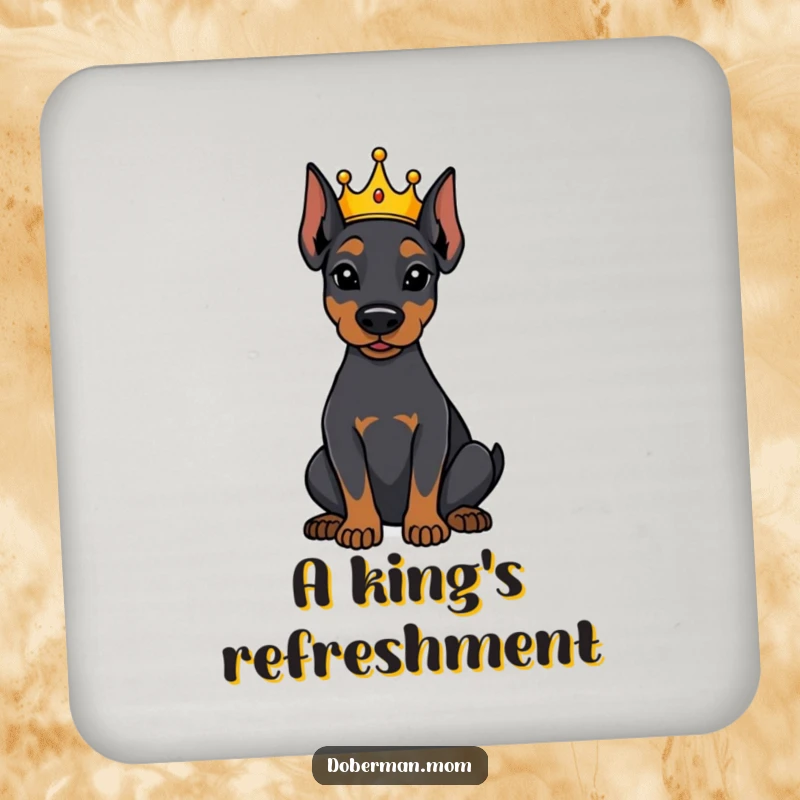 Funny Doberman dog wearing a tiny crown, sitting attentively on a drink coaster, adding humorous royal protection.