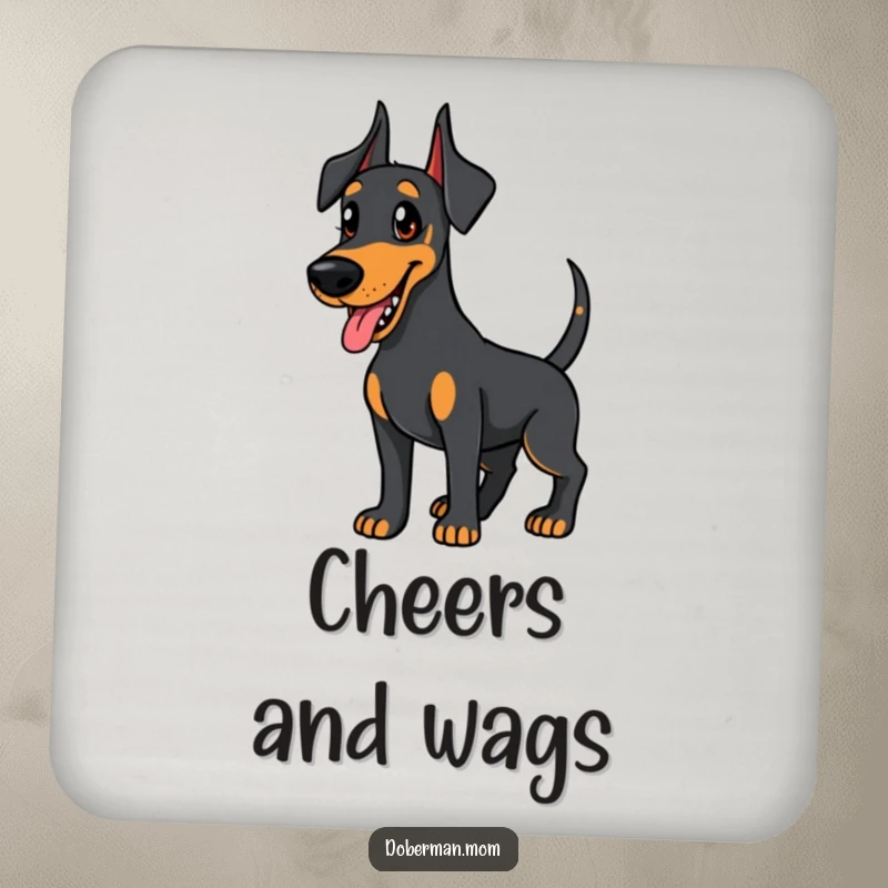 Funny Doberman coaster set, friendly dog wagging its tail eagerly, humorous and protective for tabletops.