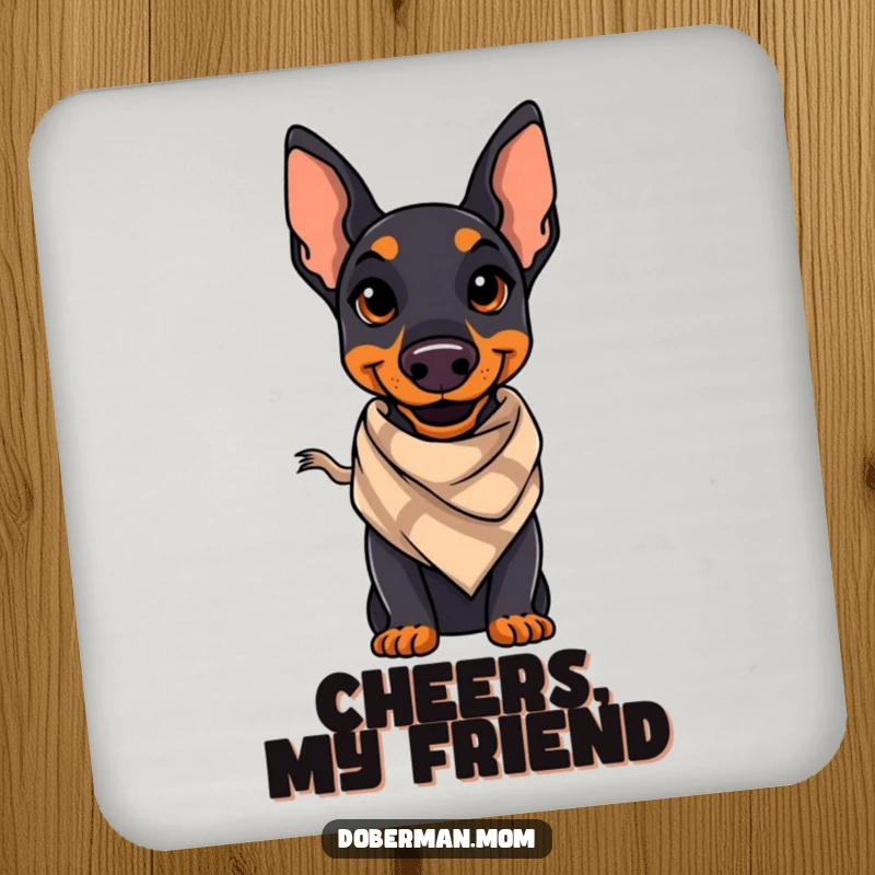 Funny Doberman coaster depicting a confident Doberman with a stylish smile and small scarf, adding a touch of class.
