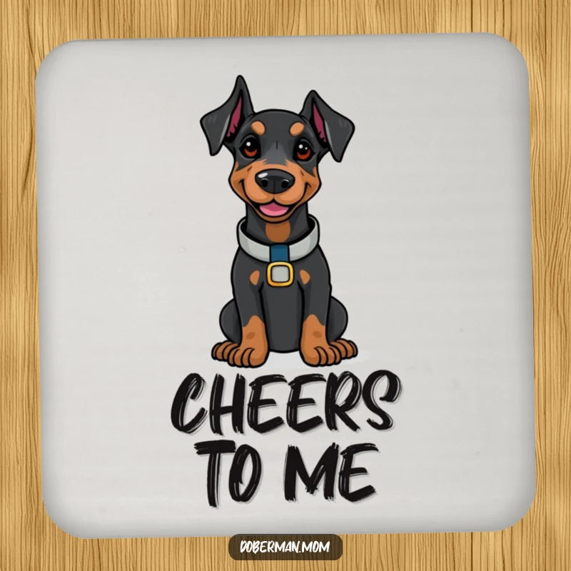 Doberman with a polished collar smiling confidently, displayed on a set of funny drink coasters.