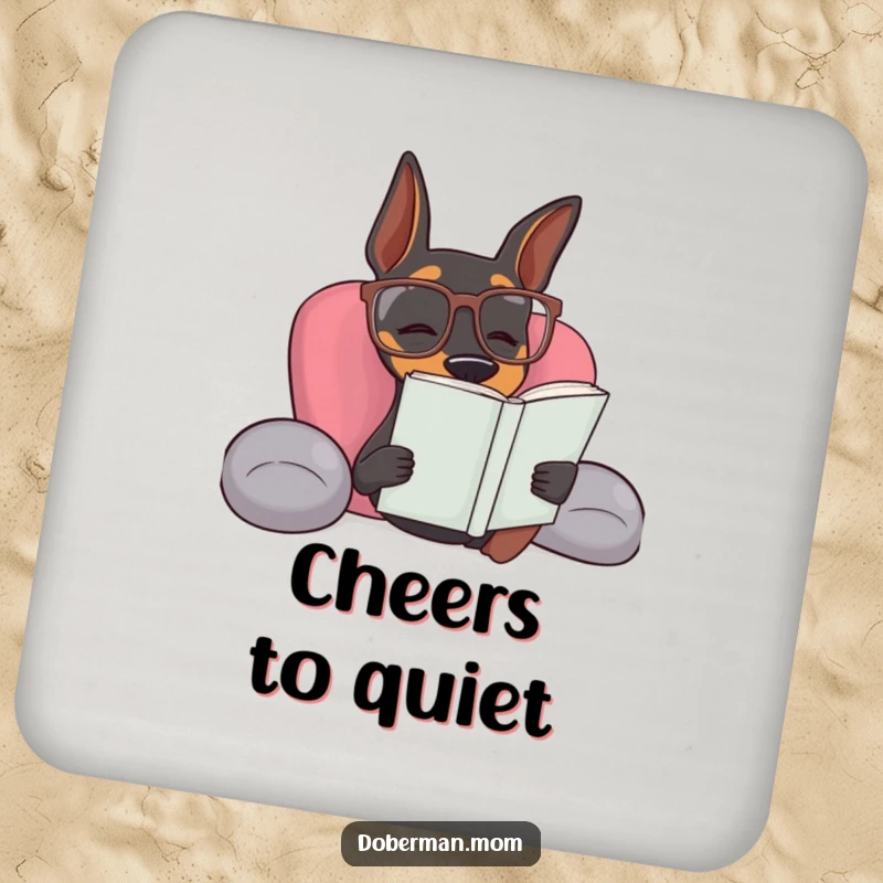 Funny Doberman dog wearing reading glasses relaxing, a humorous coaster for book lovers.