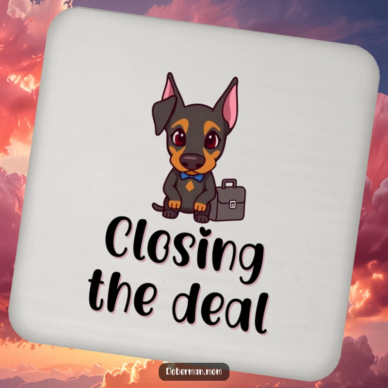 Determined Doberman with a small briefcase, displayed on a set of funny drink coasters.
