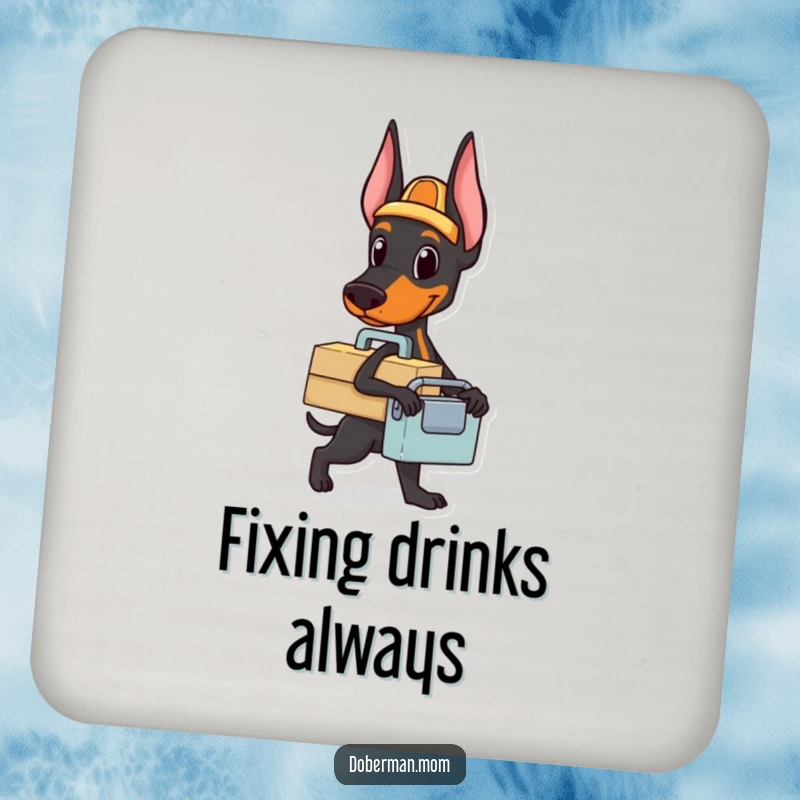 Funny Doberman toolbox coaster showing a dog with a small toolbox, ready for a task, protecting surfaces with humor.