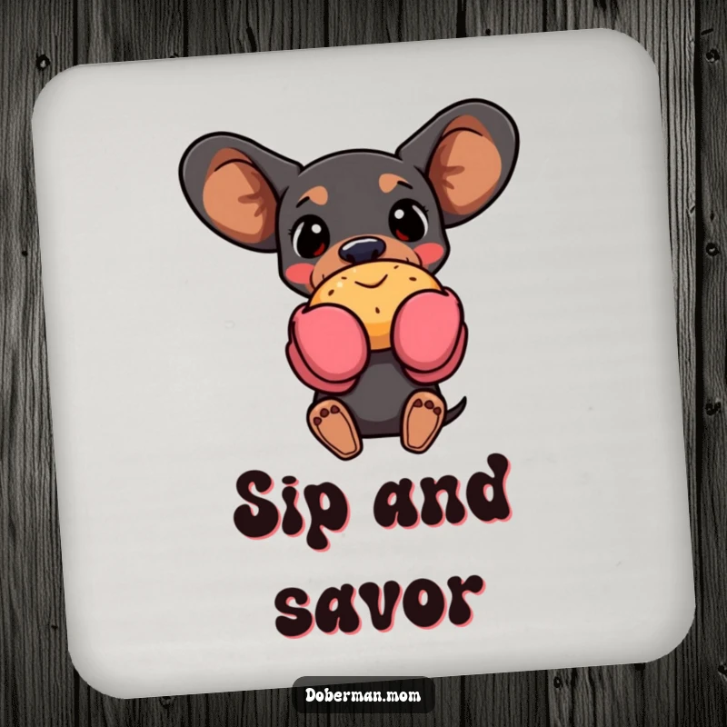 Funny Doberman dog in oven mitts holding a pastry, on a drink coaster, adding humorous kitchen protection.