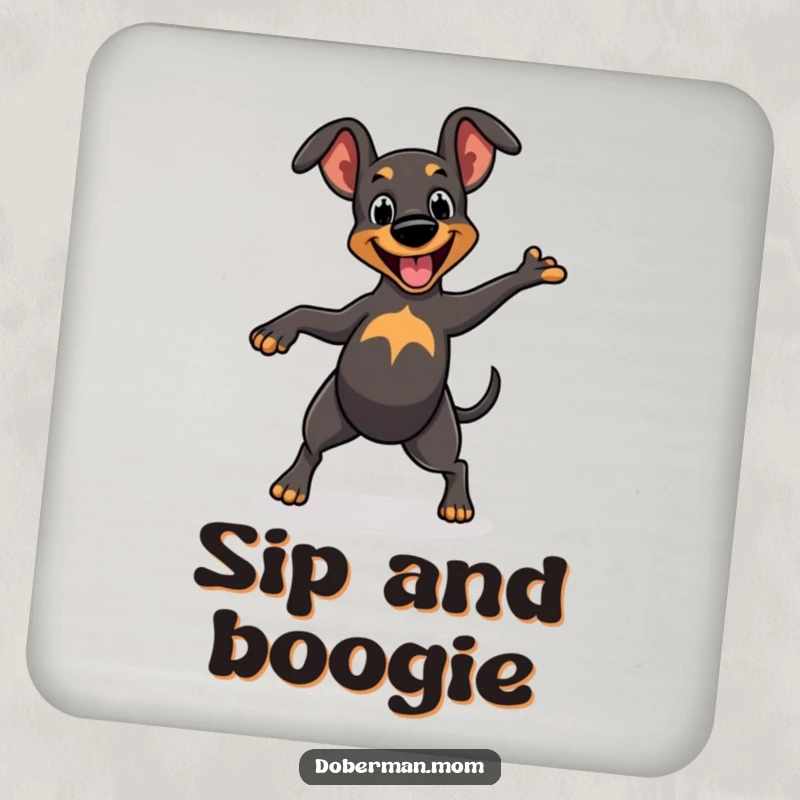 Funny Coaster: Cheerful Doberman character dancing with a wagging tail, a joyful addition to any drink setup.