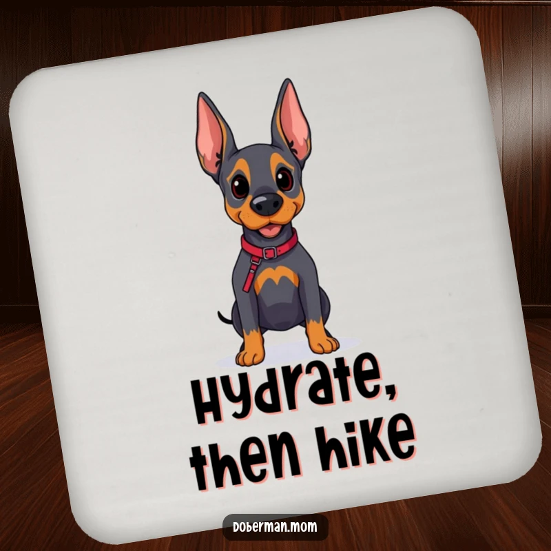 Funny Doberman Adventure Coaster: A hopeful Doberman dog with a leash looks onward, protecting surfaces with charm.