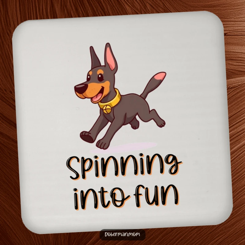 Funny Doberman wearing a tinkling bell collar, playfully chasing its tail, on protective drink coasters.
