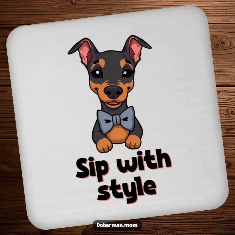 Funny Doberman Bow Tie Wink Coaster: a dog in a bowtie winks; protects surfaces with humorous, elegant flair.