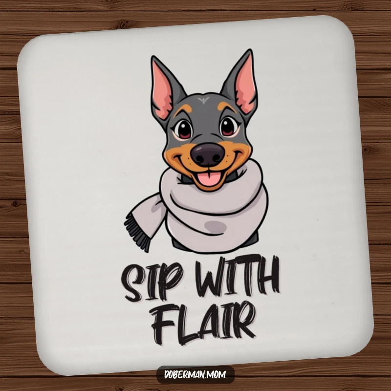 Funny Doberman coaster featuring an elegant dog in a stylish scarf, protecting surfaces with humorous sophistication.