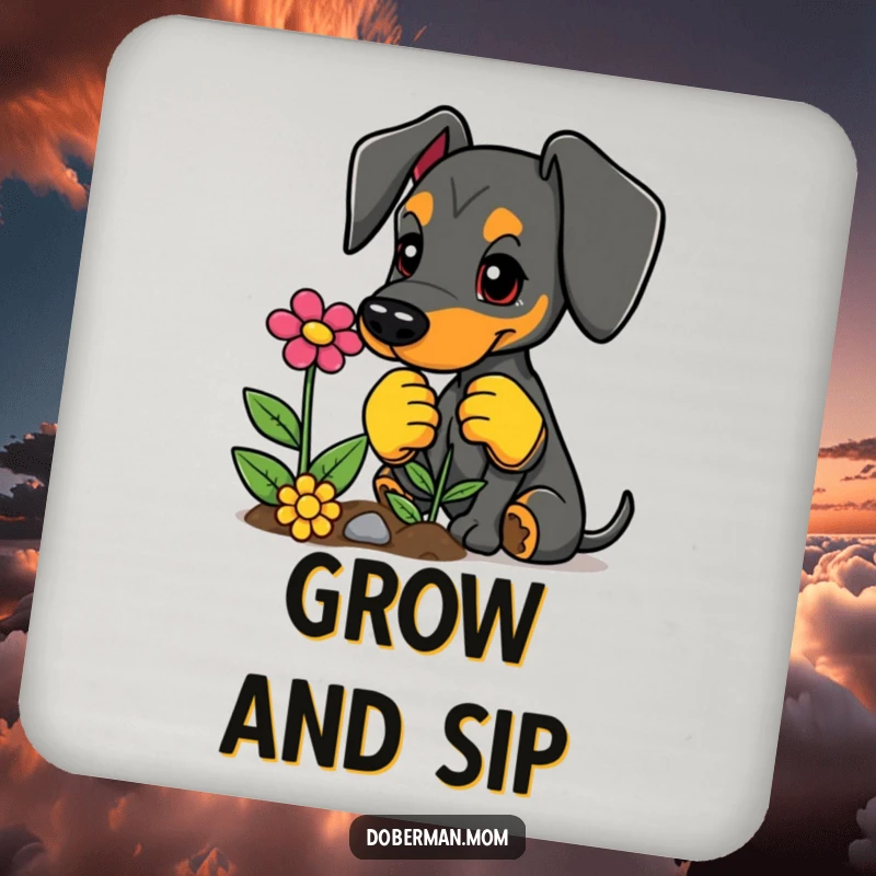 Funny drink coaster with a Doberman in gardening gloves planting a flower, adding garden charm.