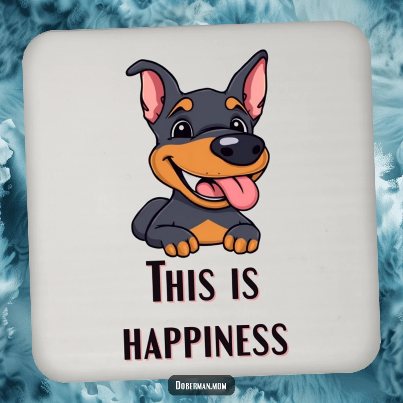 Funny Doberman drink coasters showcasing a dog with a happy grin and panting tongue, adding joy.