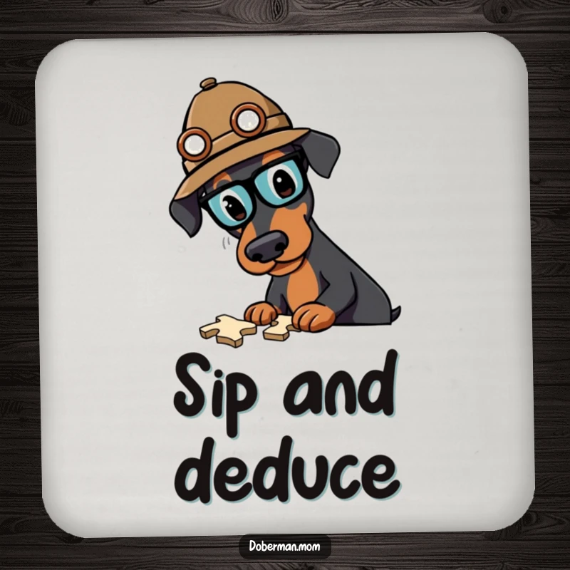 Funny Doberman detective drink coaster with a smart dog in a hat, solving a mystery while protecting furniture.