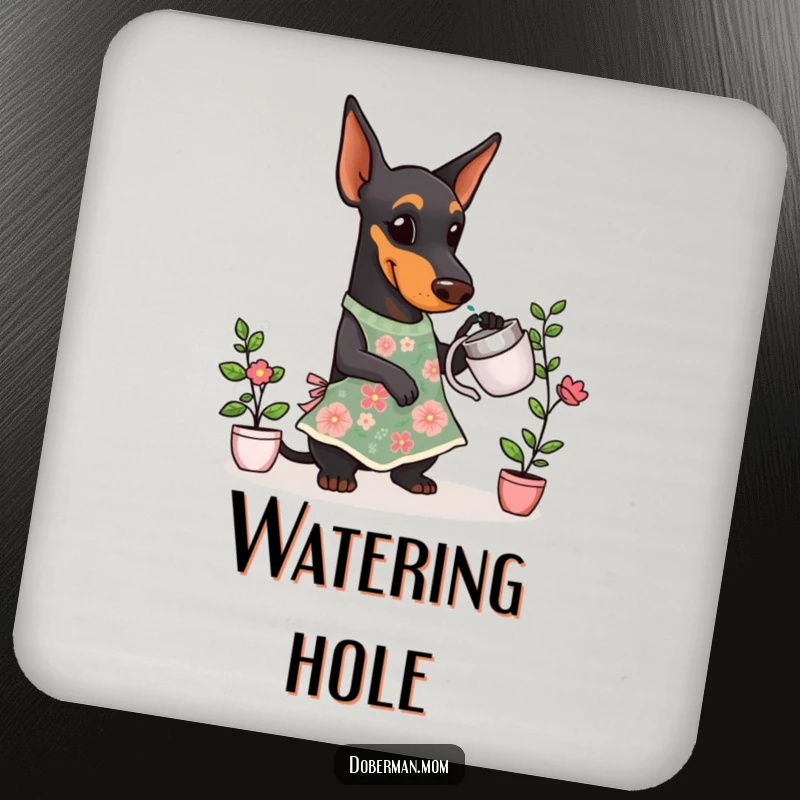Funny Doberman Gardener Coaster showing a Doberman dog in a floral apron, watering a small plant.