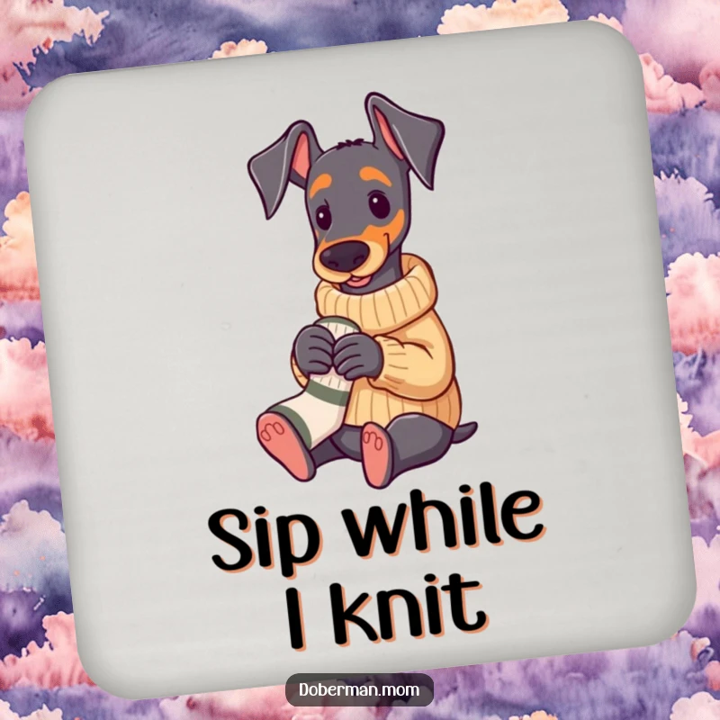 Funny Doberman wearing a cozy sweater, knitting a tiny sock, protective and decorative coaster.