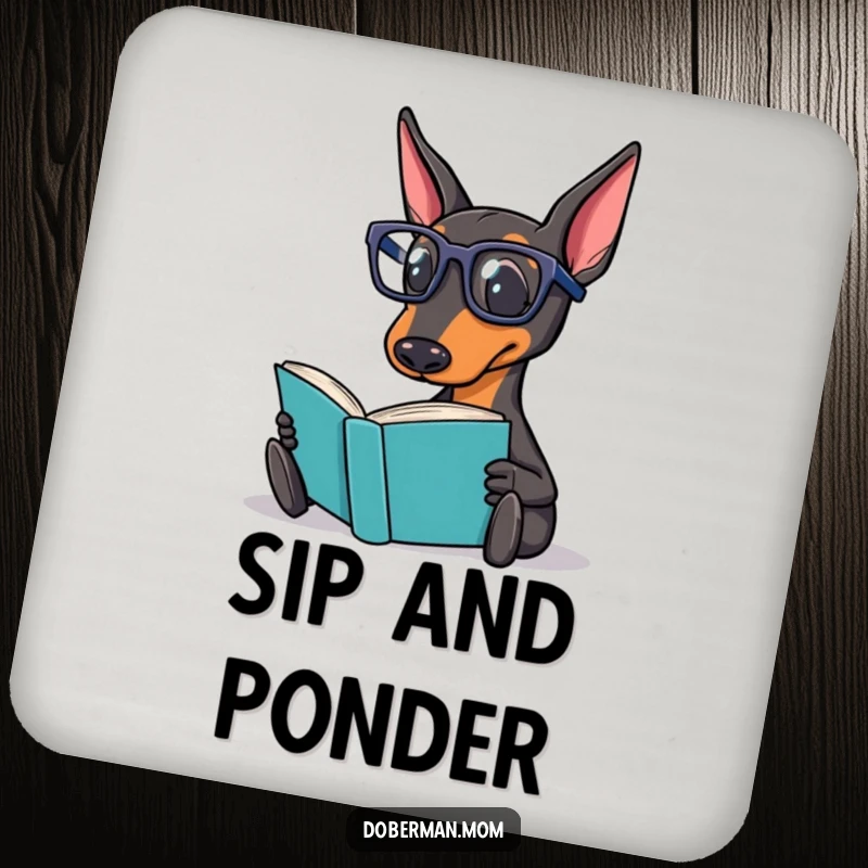 Funny Doberman Coaster showing a Doberman dog in reading glasses, holding a book and protecting a surface.