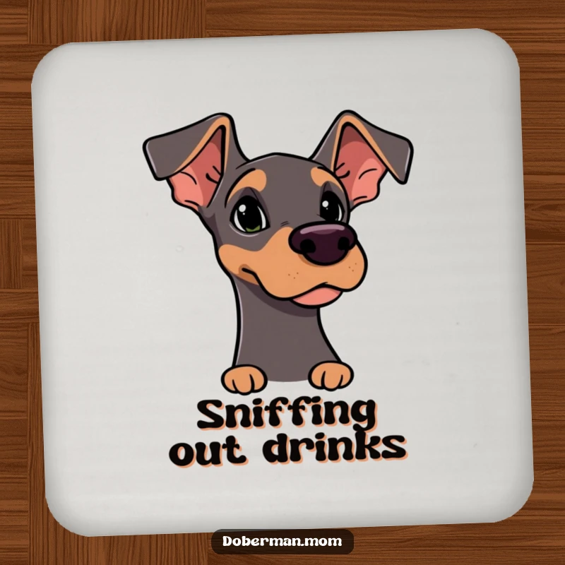 Funny Coaster: Alert Doberman character with ears up, curiously sniffing the air, a humorous protector for your drinks.