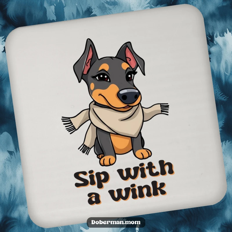 Funny Doberman wearing a stylish scarf winks charmingly, a humorous and protective drink coaster.