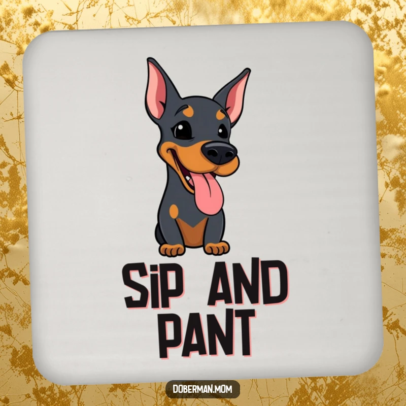 Funny drink coaster with a Doberman dog design, tongue slightly out, panting happily, protecting surfaces.