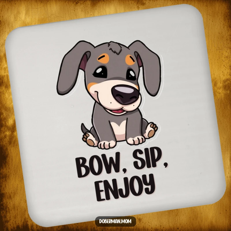 Funny Coaster: Kawaii Doberman character playfully bowing its head, a charming protector for your drinks.